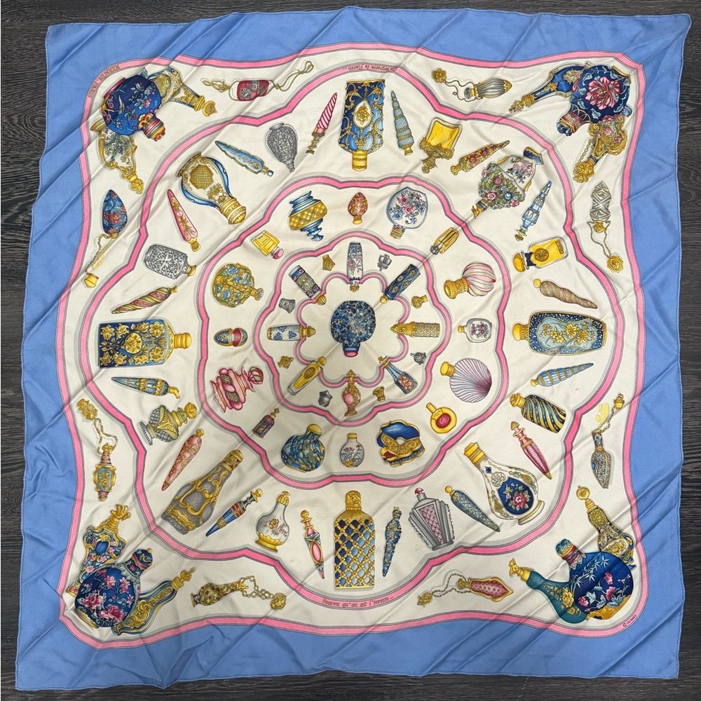 Hermes Scarf 90 "Qu'Importe Le Flacon" Blue 100% Silk Scarf 35" 90x90cm